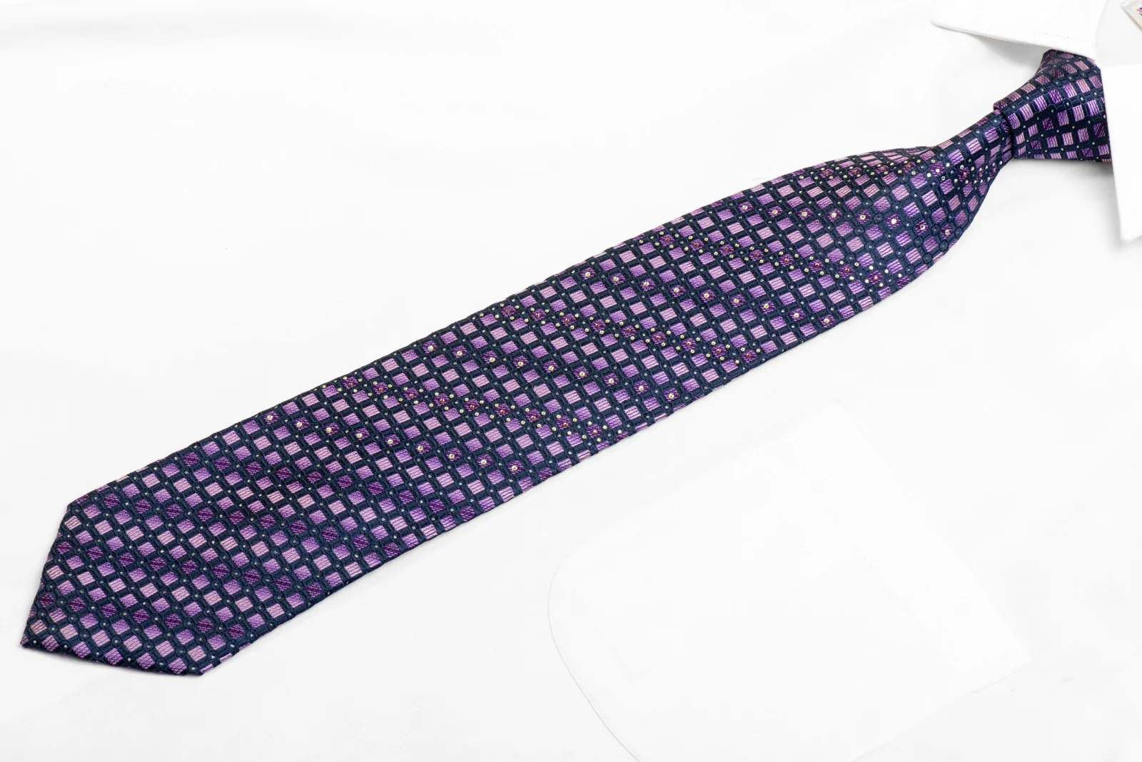 Purple Geometric Squares On Navy Blue Rhinestone Silk Necktie With Sparkles - Image 3