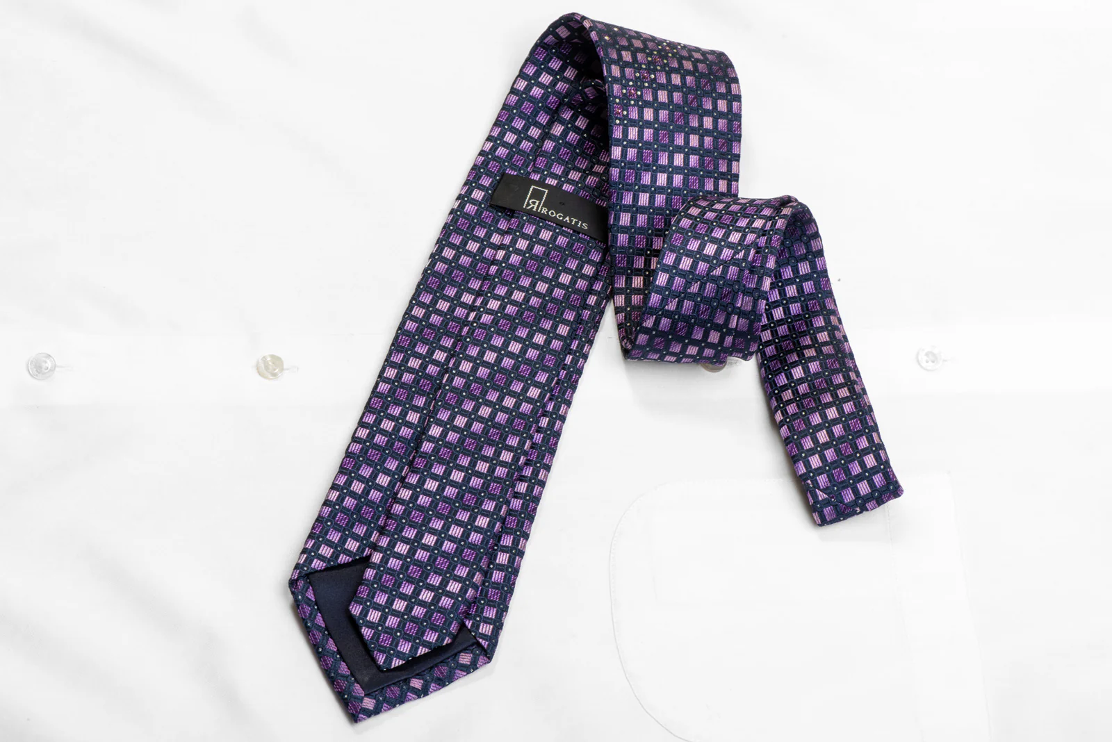 Purple Geometric Squares On Navy Blue Rhinestone Silk Necktie With Sparkles - Image 4