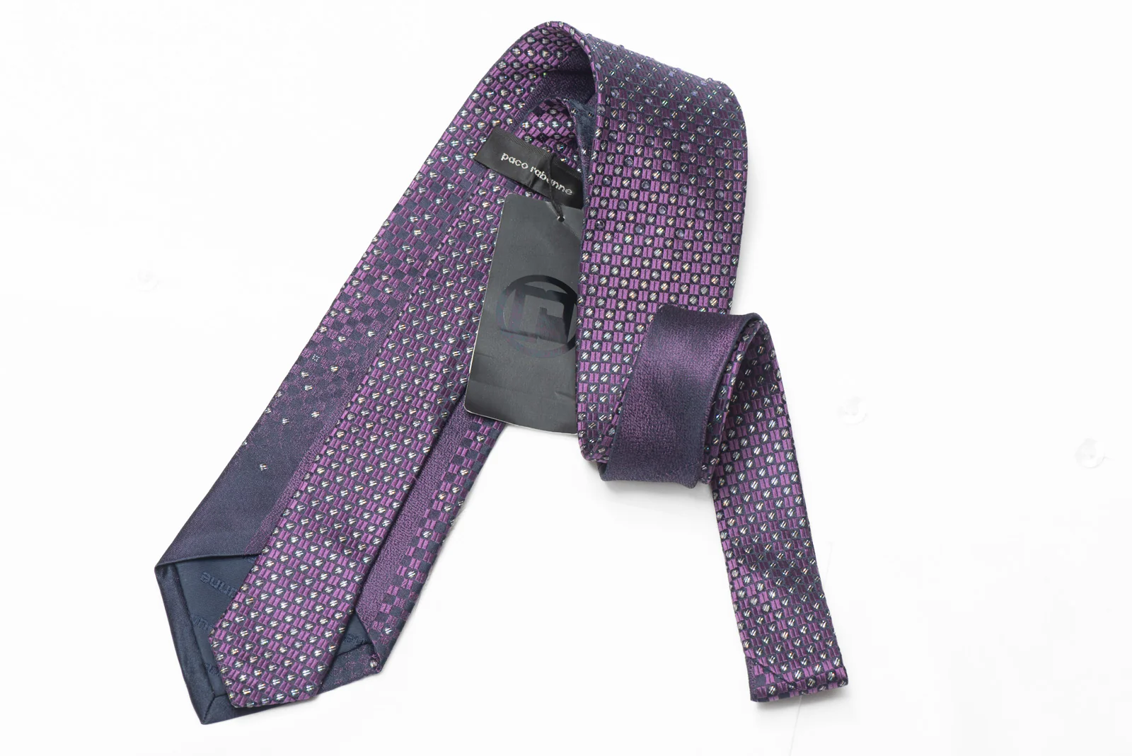 Purple Navy Checkered Rhinestone Silk Necktie With Silver Sparkles - Image 3