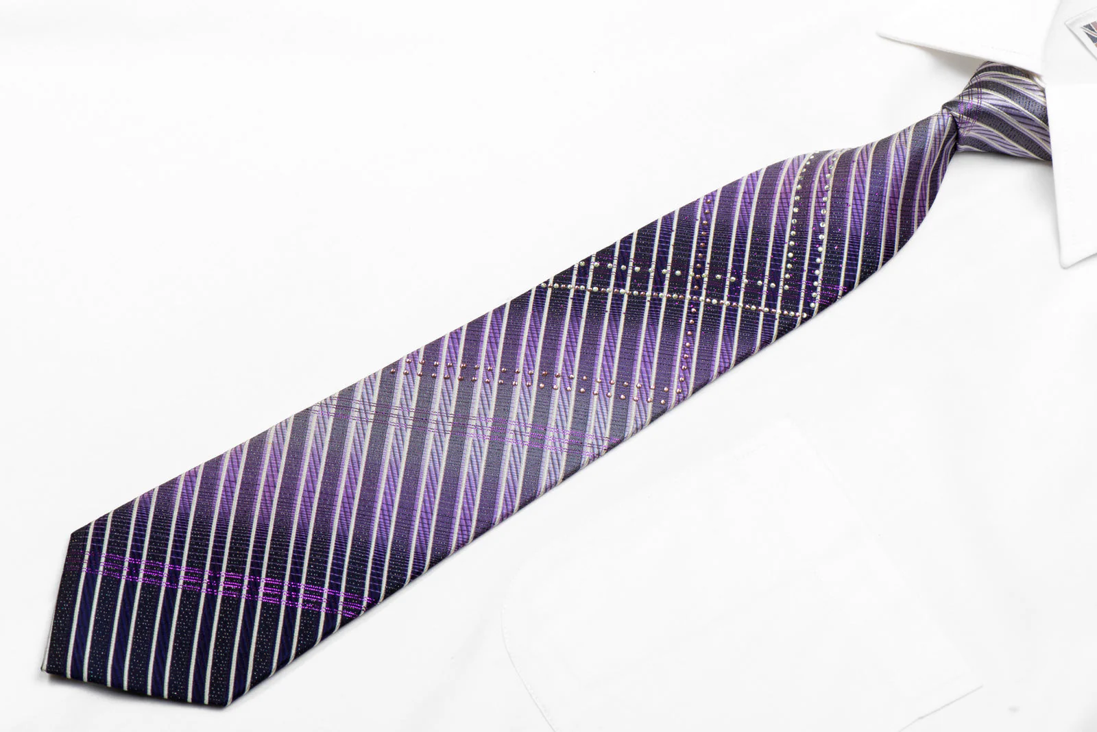 Purple Navy Silver Striped Rhinestone Silk Necktie With Purple Sparkles - Image 3
