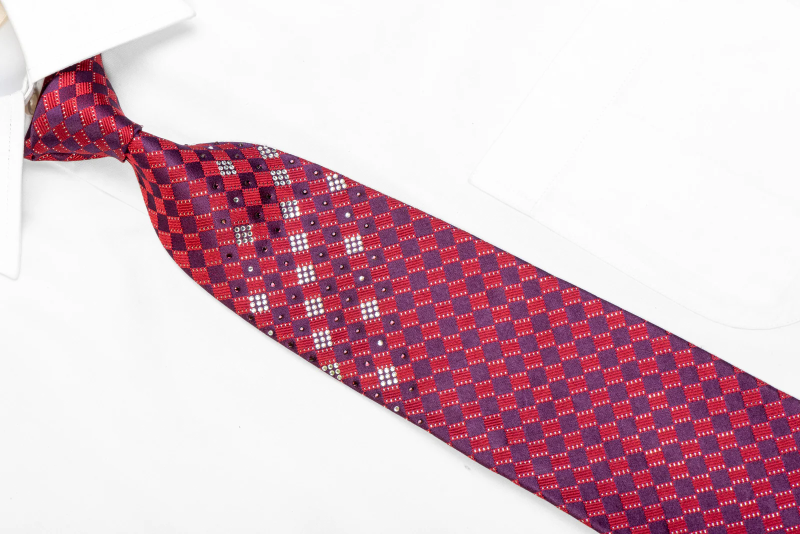 Purple Red Checkered Rhinestone Silk Necktie With Sparkles - Image 2
