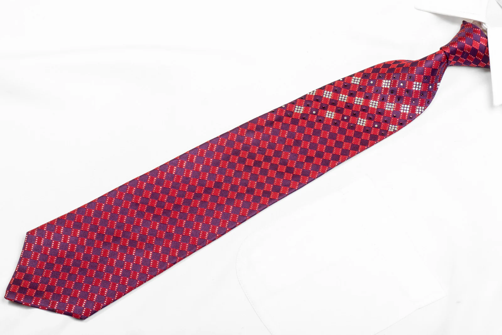 Purple Red Checkered Rhinestone Silk Necktie With Sparkles - Image 3