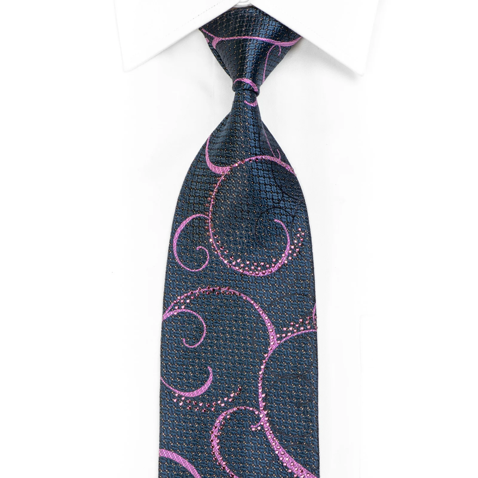 Purple Scrolls On Navy Rhinestone Silk Necktie With Sparkles