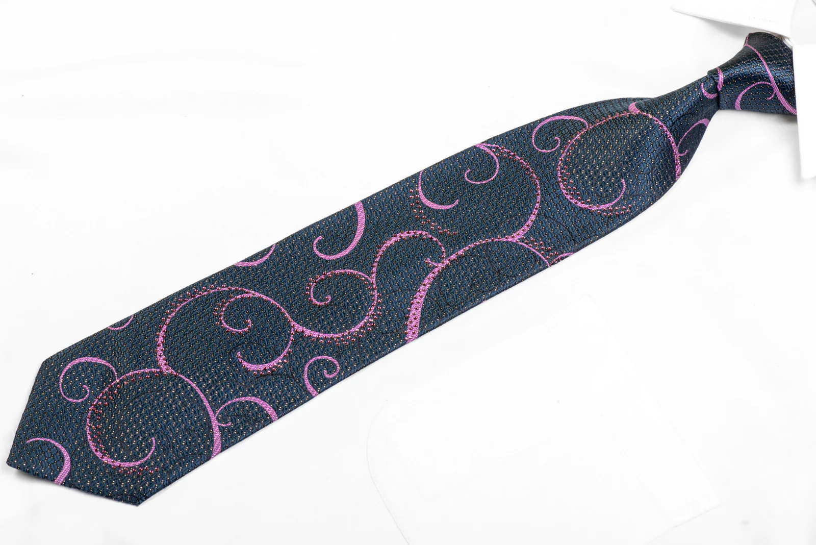Purple Scrolls On Navy Rhinestone Silk Necktie With Sparkles - Image 3