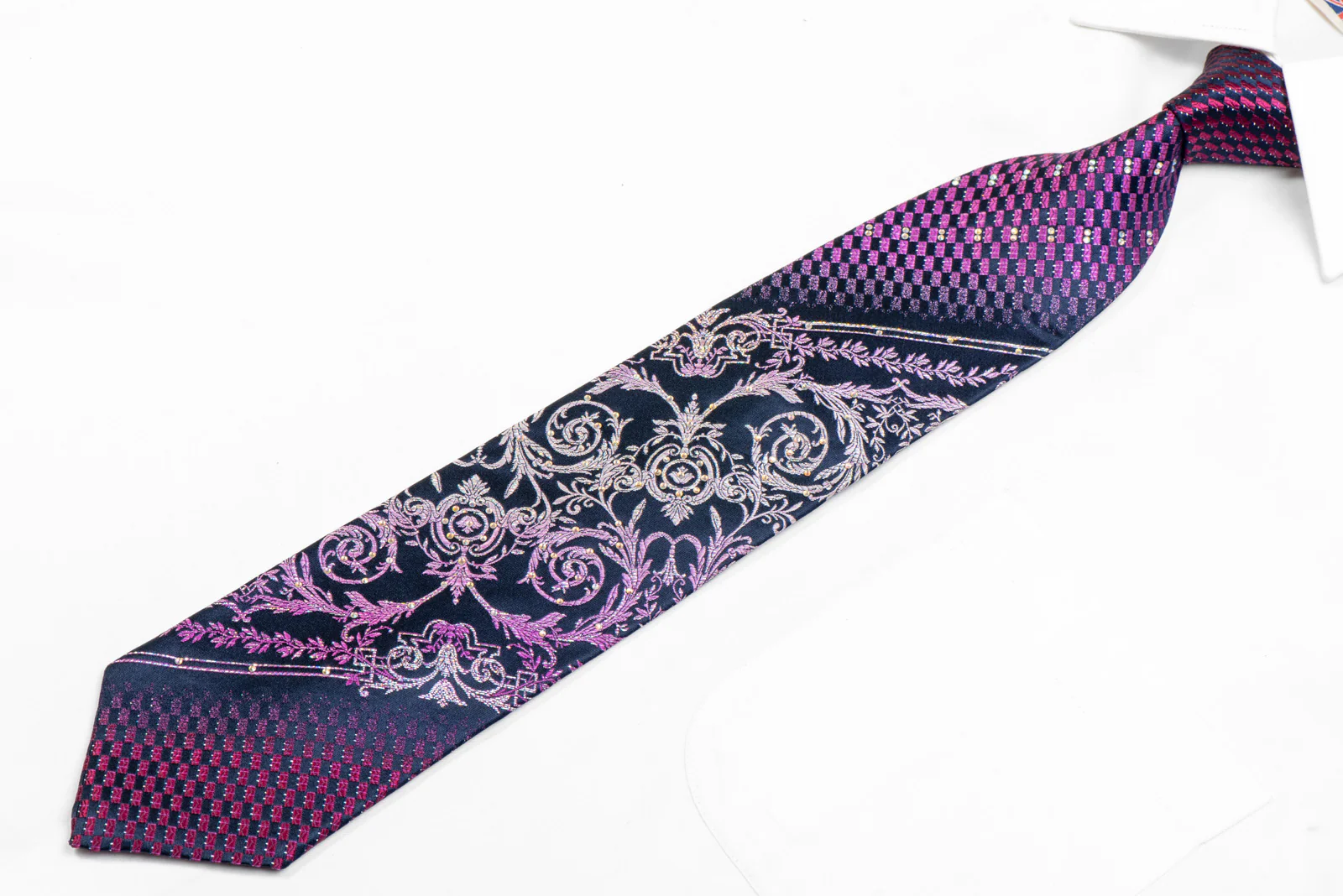 Purple Silver Acanthus Scrolls On Navy Rhinestone Silk Tie With Sparkles - Image 3