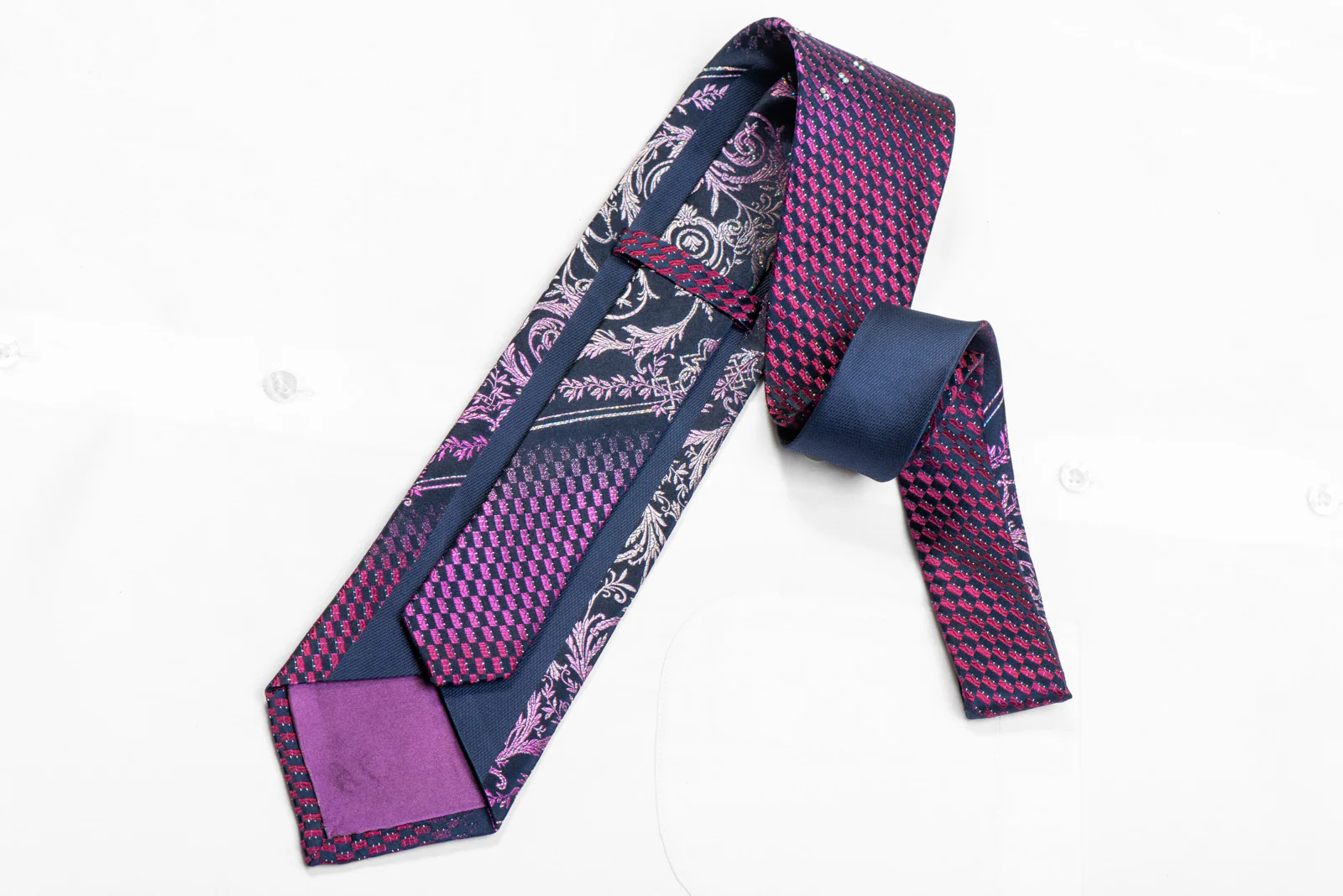 Purple Silver Acanthus Scrolls On Navy Rhinestone Silk Tie With Sparkles - Image 4