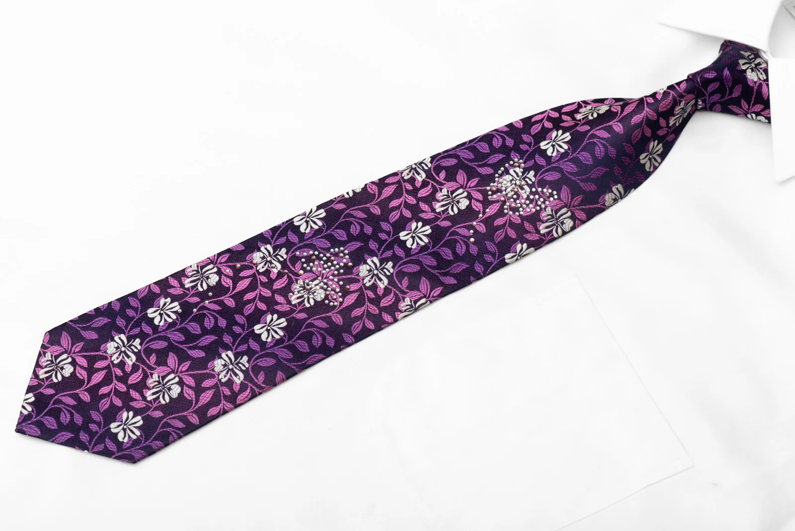Purple Silver Floral On Navy Rhinestone Silk Necktie - Image 3