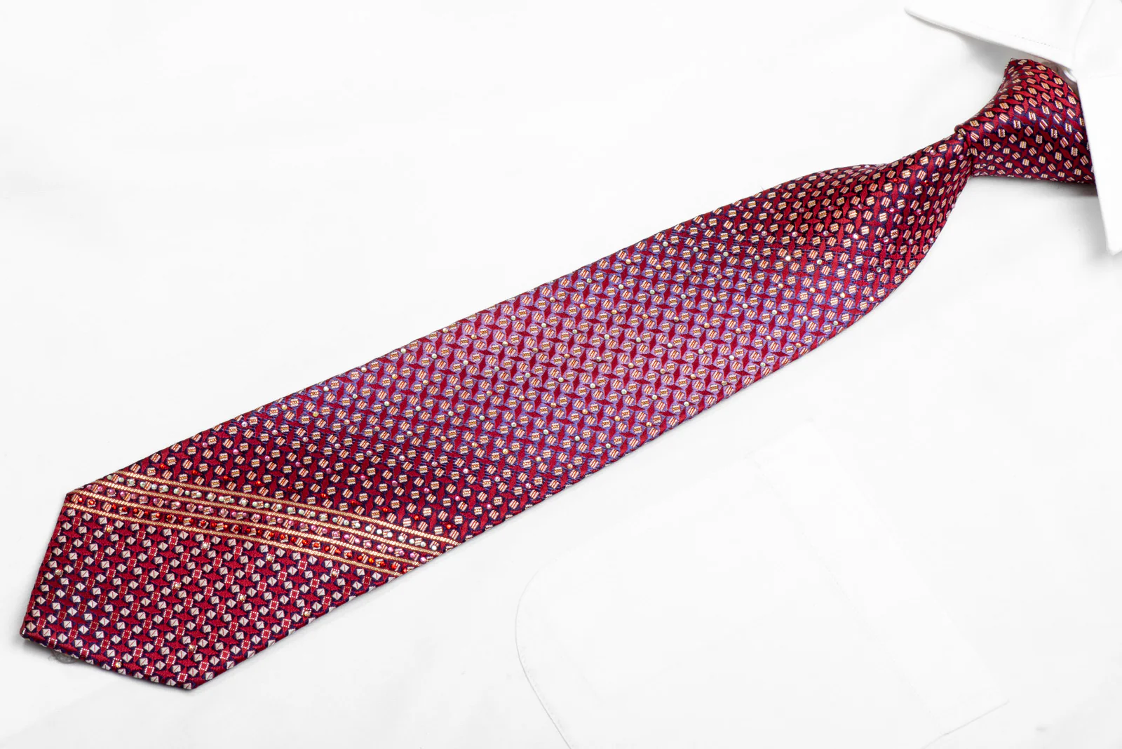Purple Silver Geometric On Burgundy Rhinestone Silk Necktie With Gold Sparkles - Image 3
