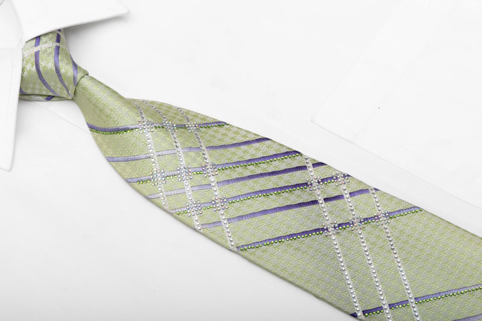 Purple Silver Striped Design On Pale Green Rhinestone Tie With Sparkles - Image 2