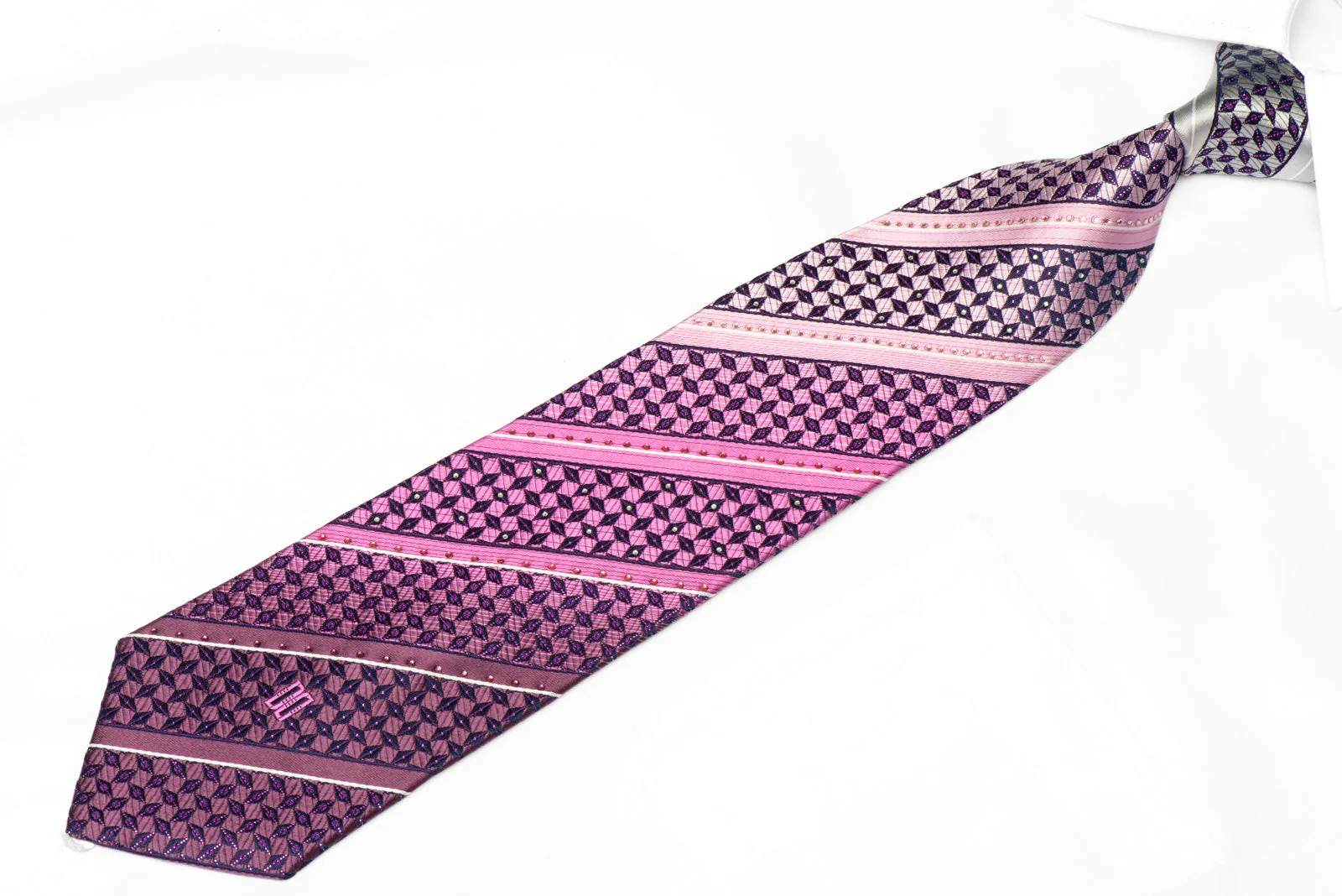 Purple Striped Geometric Rhinestone Silk Necktie With Sparkles - Image 2
