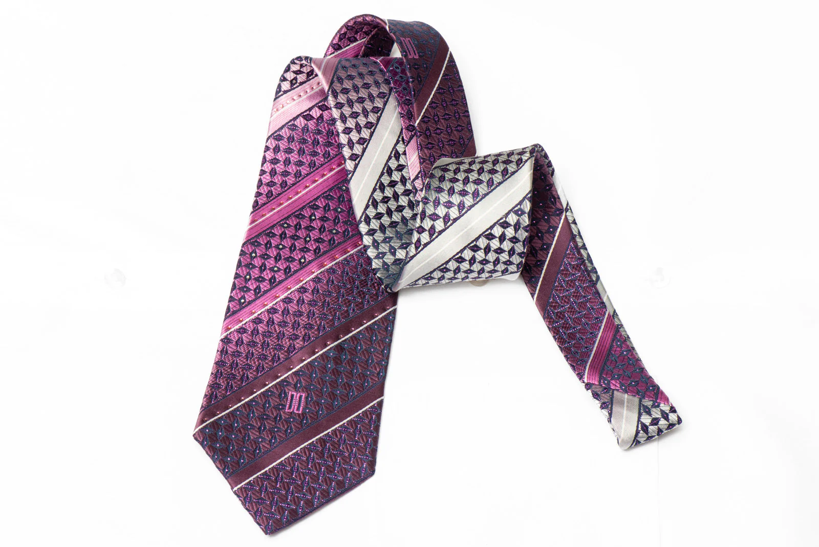Purple Striped Geometric Rhinestone Silk Necktie With Sparkles - Image 3