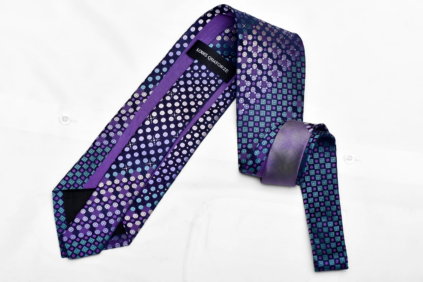 Purple Teal Geometric On Navy Rhinestone Silk Tie With Sparkles - Image 4