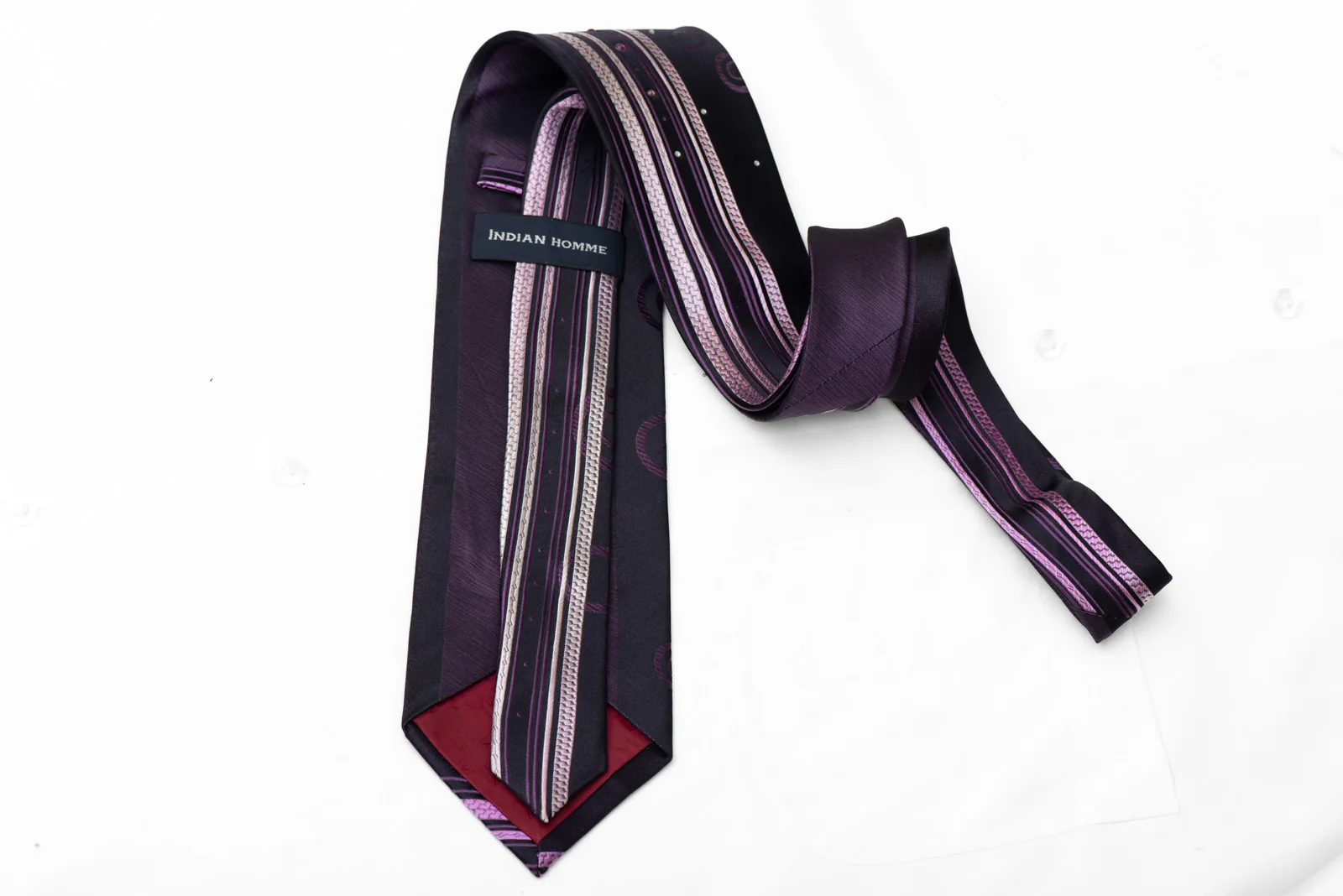 Purple Vertical Striped Geometric On Navy Rhinestone Silk Necktie - Image 4