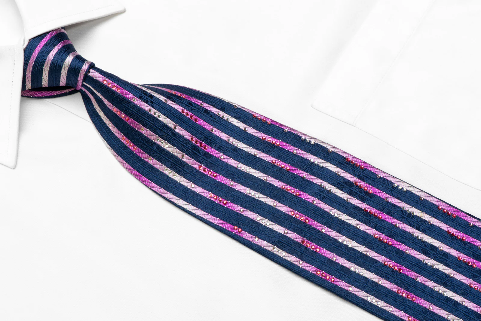Purple Vertical Stripes On Navy Rhinestone Silk Necktie With Sparkles - Image 2