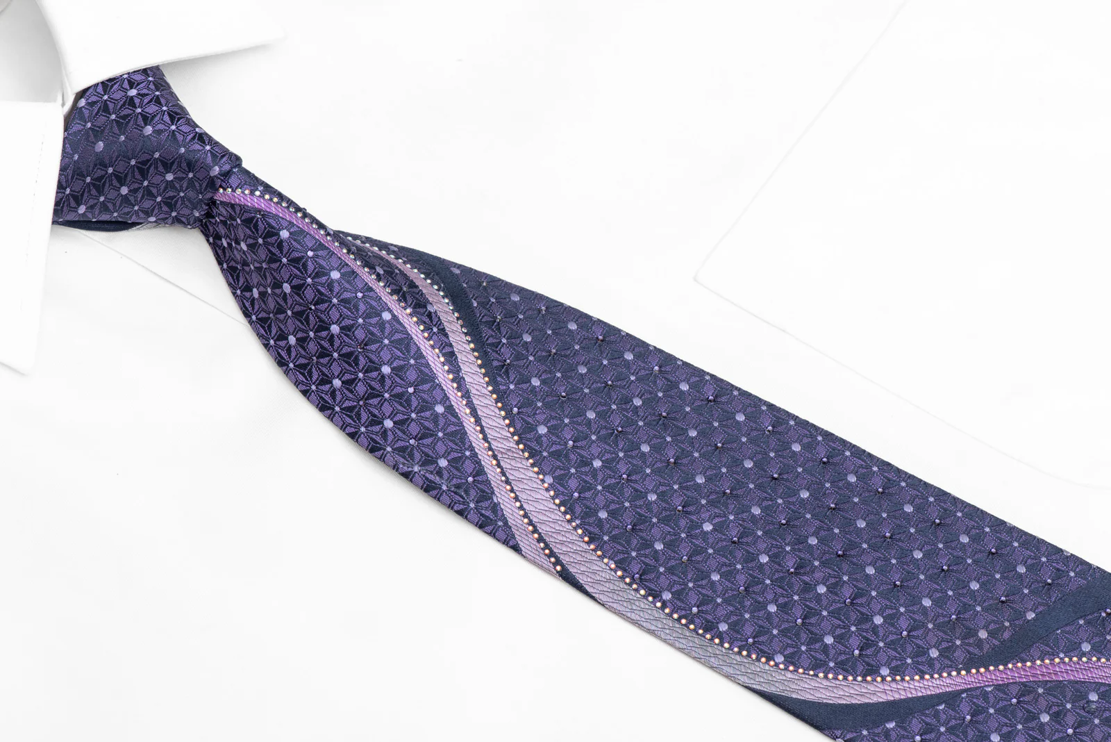 Purple Waves & Geometric On Navy Rhinestone Silk Tie - Image 2