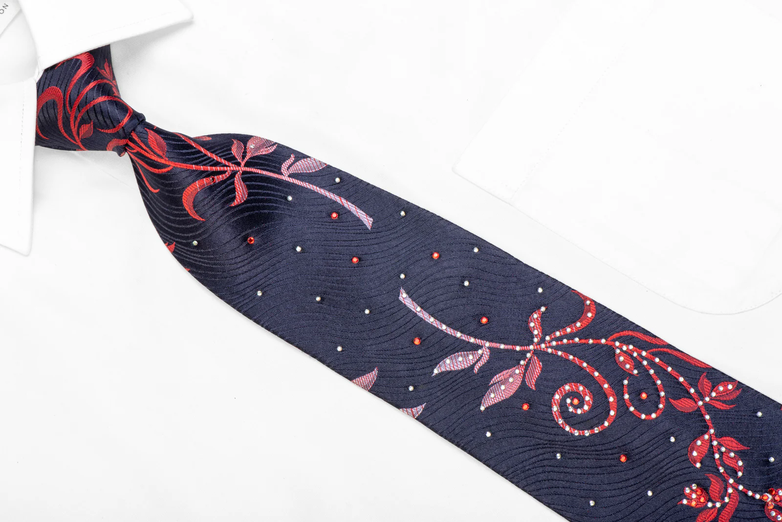 Red Floral On Navy Rhinestone Silk Necktie - Image 2