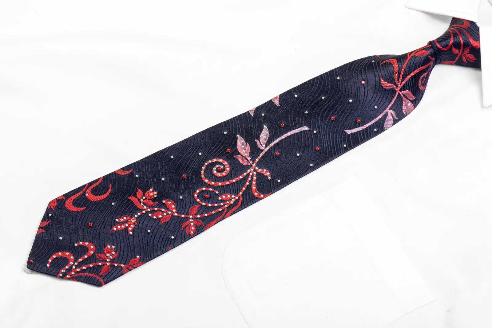Red Floral On Navy Rhinestone Silk Necktie - Image 3