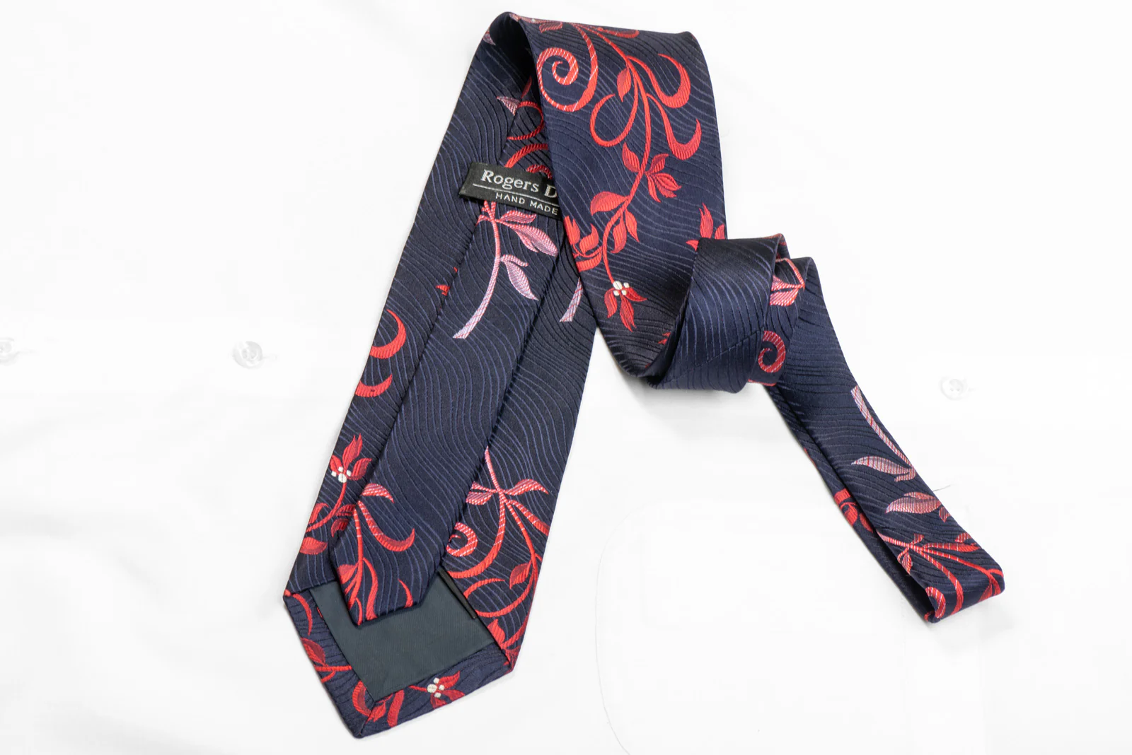 Red Floral On Navy Rhinestone Silk Necktie - Image 4