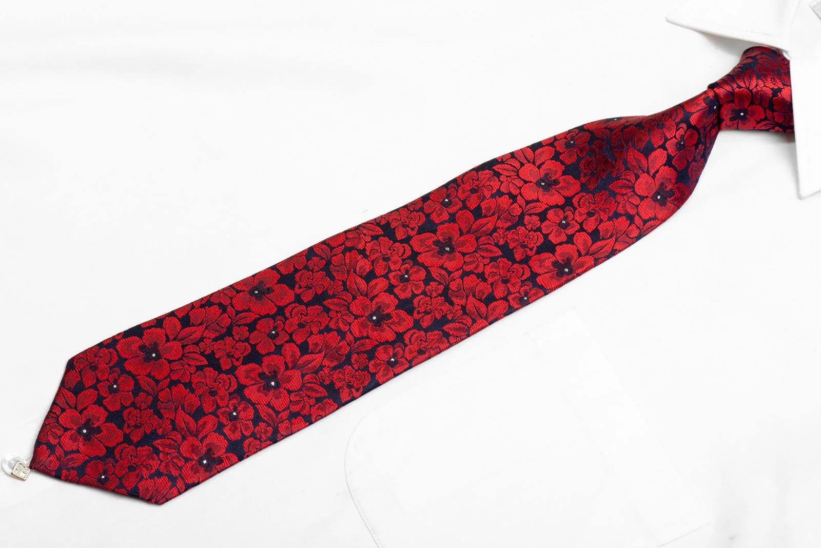 Red Floral On Navy Silk Necktie With Silver Sparkles - Image 3