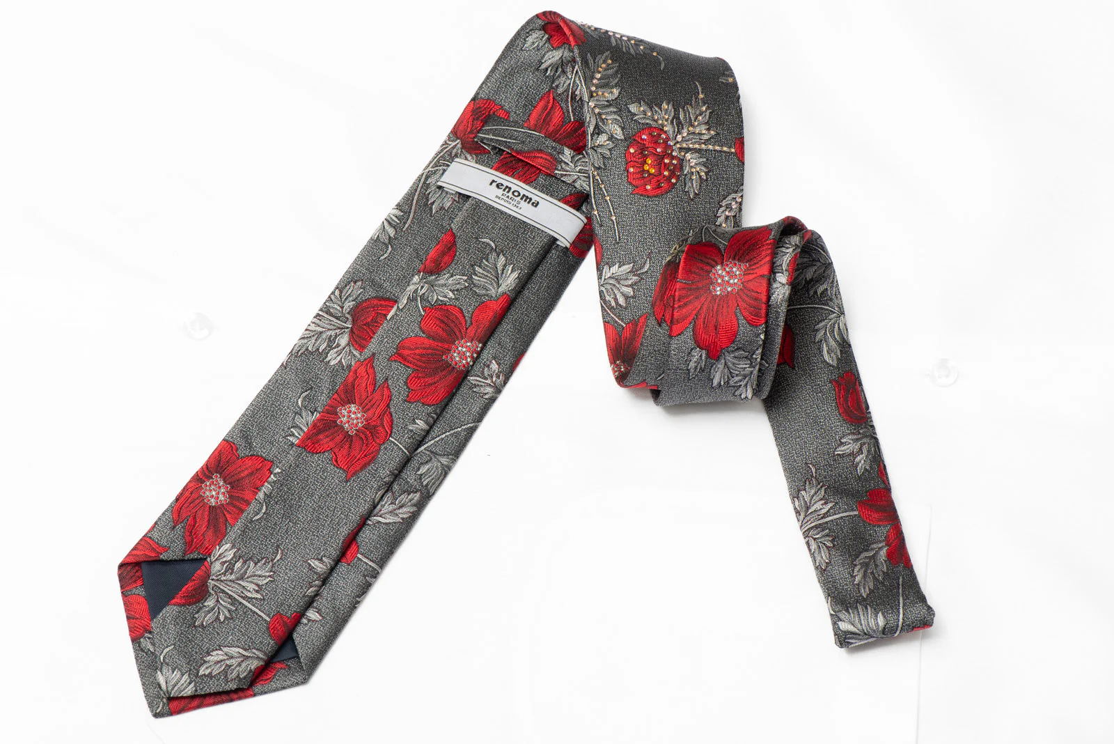 Red Floral On Silver Rhinestone Silk Tie With Sparkles - Image 4
