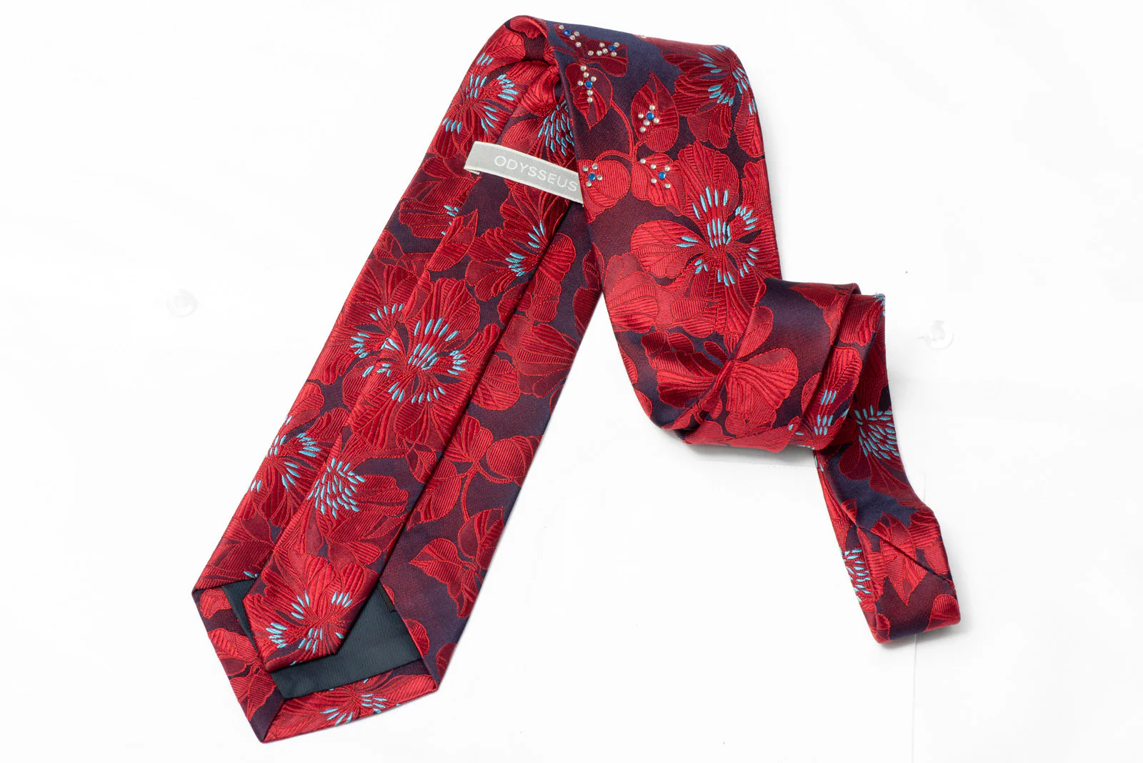 Red Floral Rhinestone Silk Necktie - Image 3