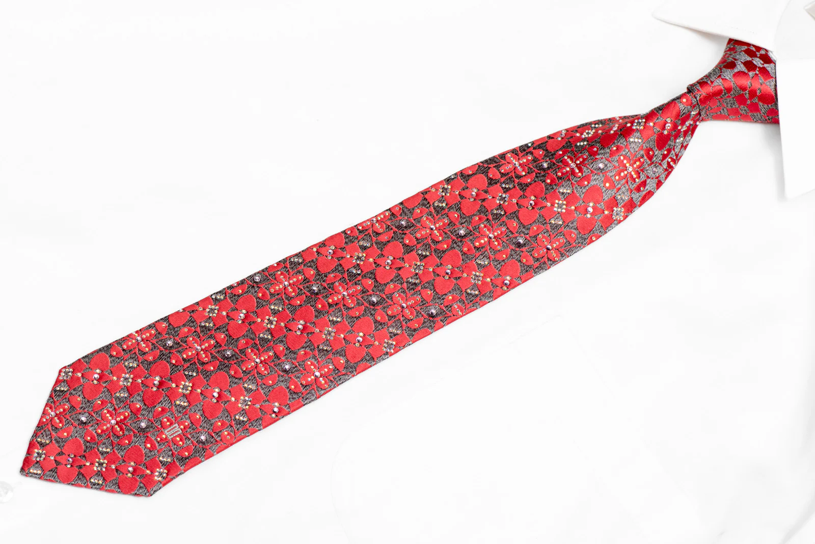 Red Geometric Floral On Silver Rhinestone Silk Necktie - Image 3
