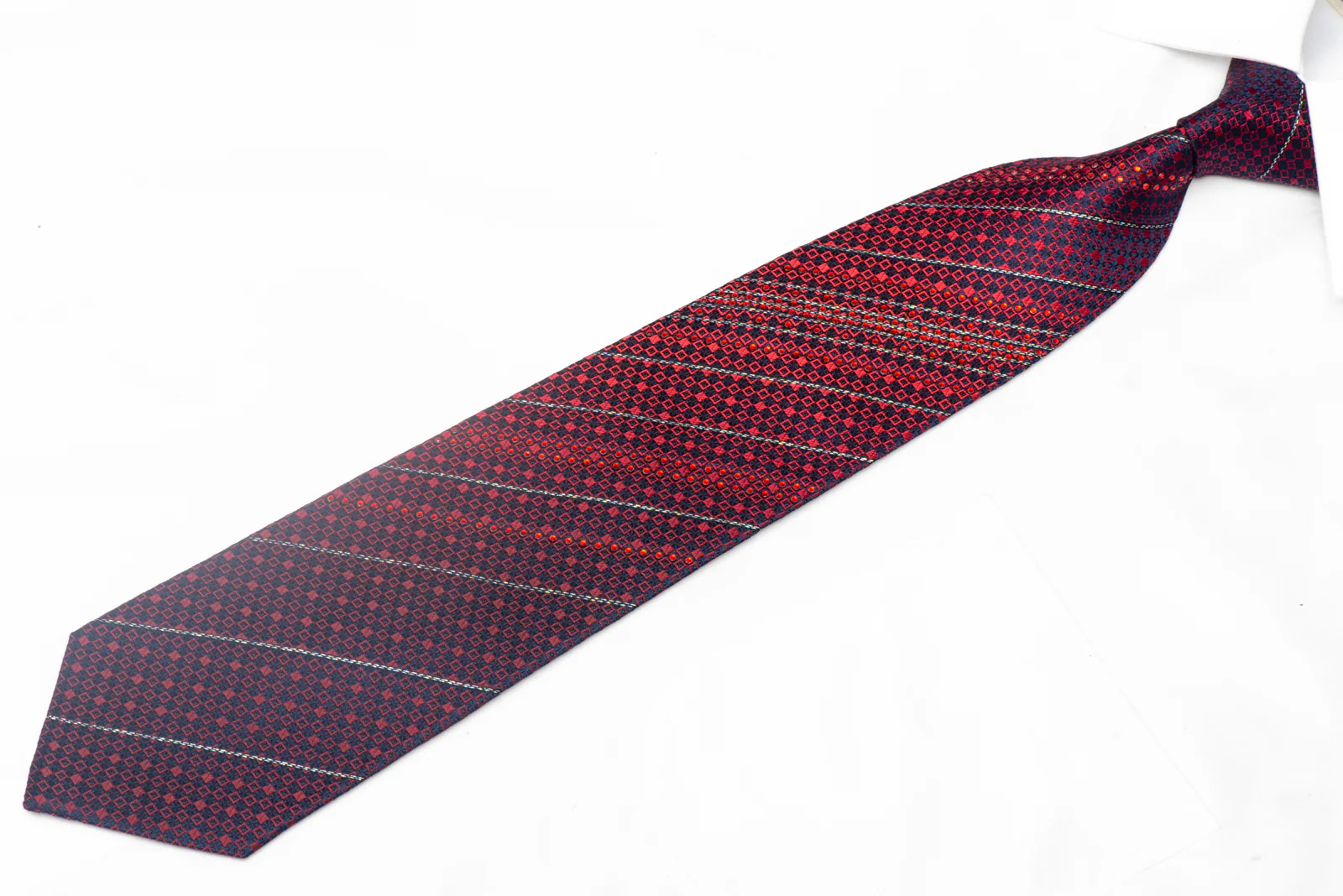 Red Geometric On Blue Rhinestone Silk Necktie With Silver Sparkles - Image 2