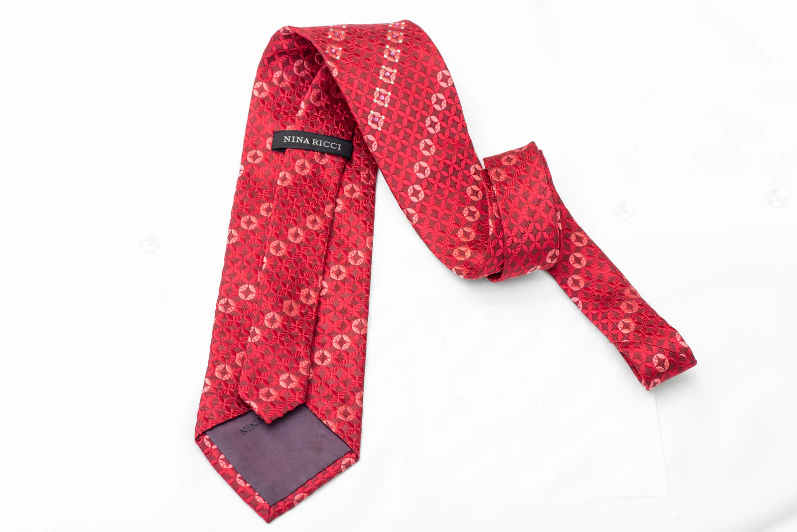 Red Geometric On Burgundy Rhinestone Silk Necktie - Image 4