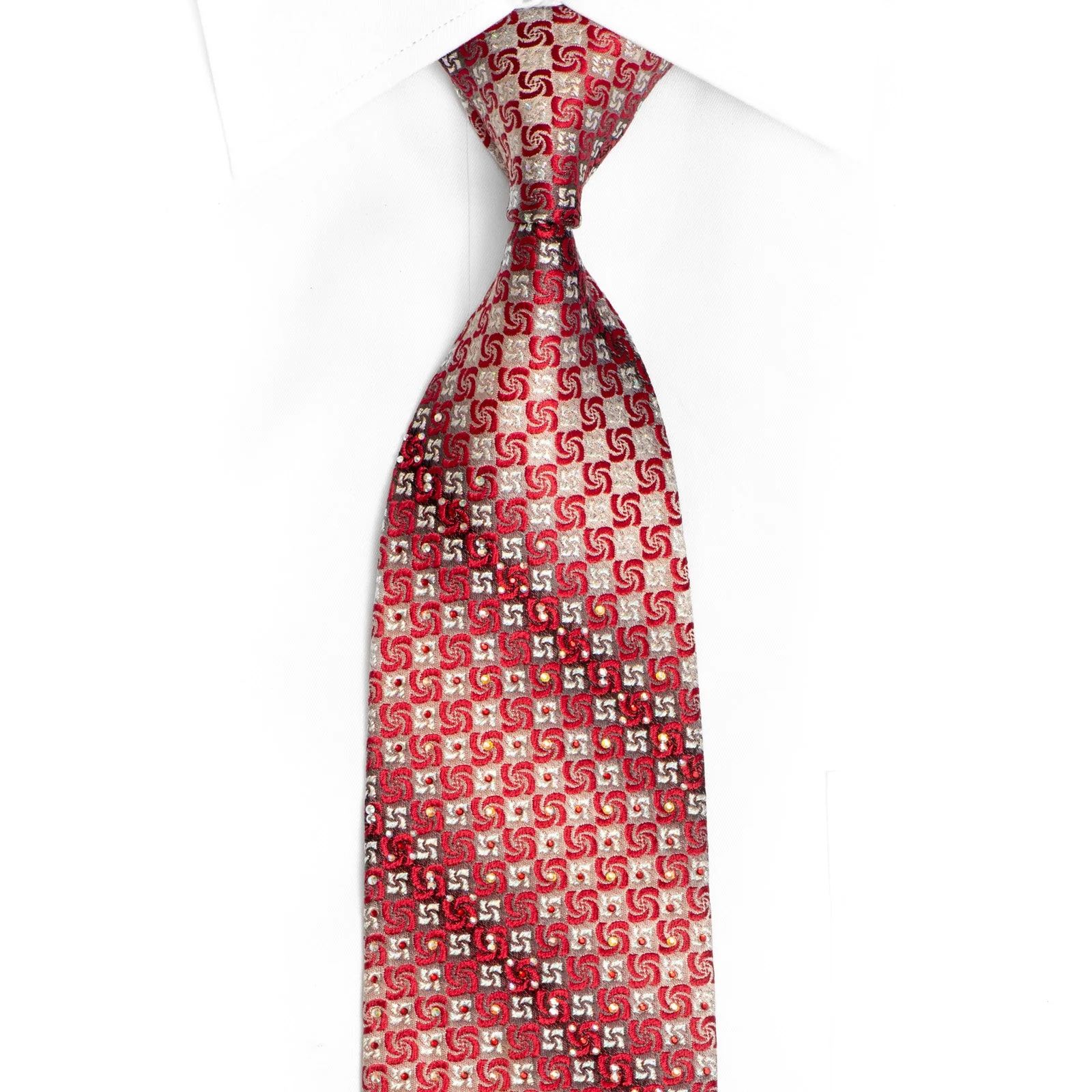 Red Geometric On Silver Rhinestone Silk Tie With Silver Sparkles
