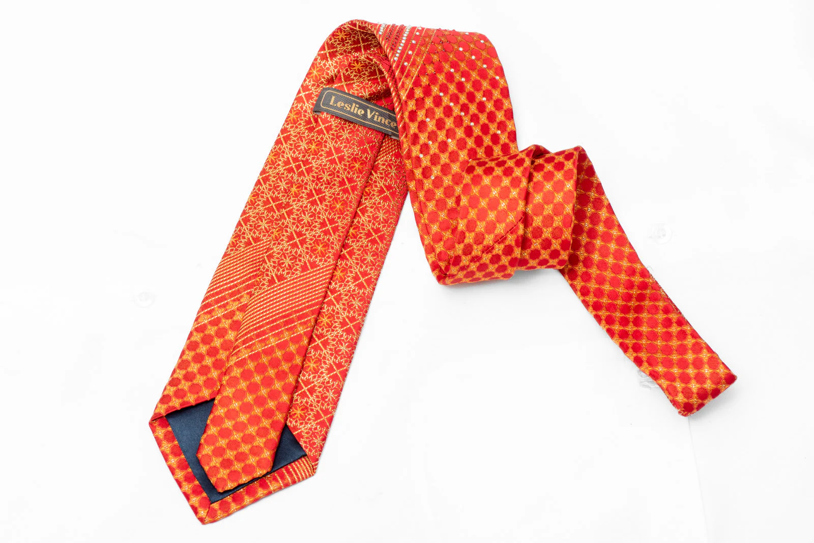 Red & Gold Woven Silk Rhinestone Tie with Geometric Pattern - Image 3