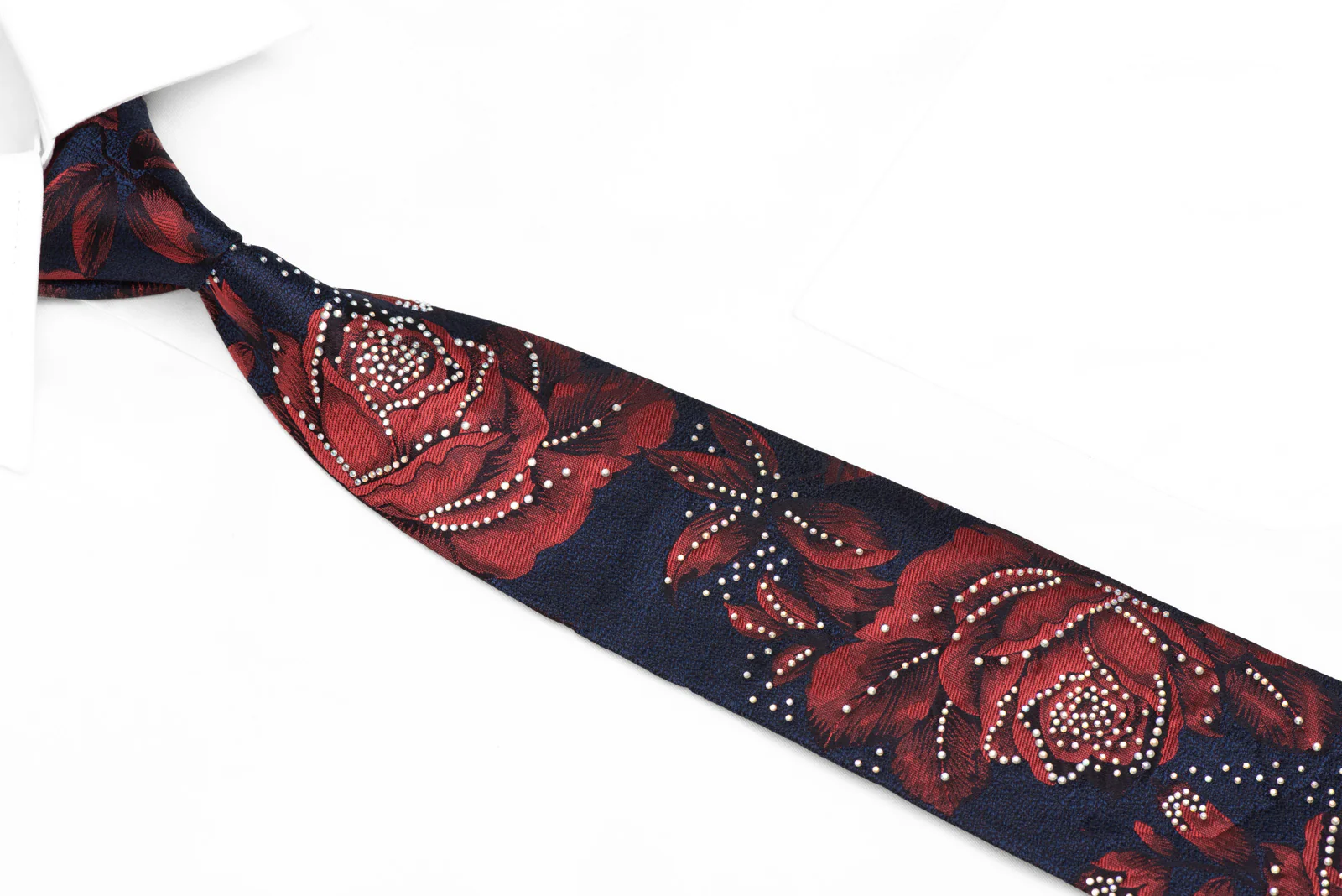 Red Roses On Navy Blue Rhinestone Silk Necktie - Image 2