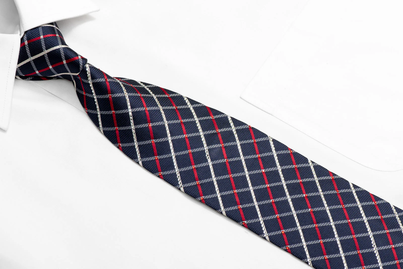 Red Silver Striped On Navy Rhinestone Silk Necktie - Image 2
