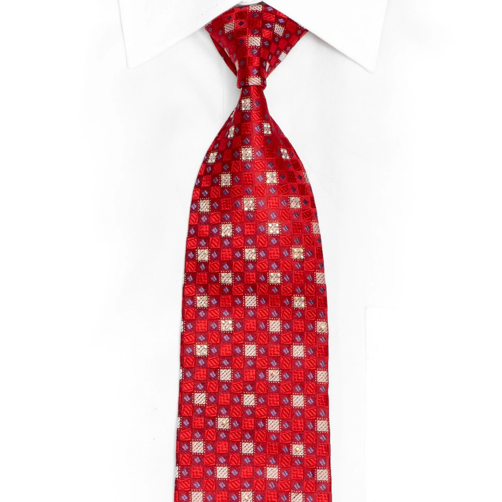 Red Silver Purple Checkered Rhinestone Silk Tie With Silver Sparkles