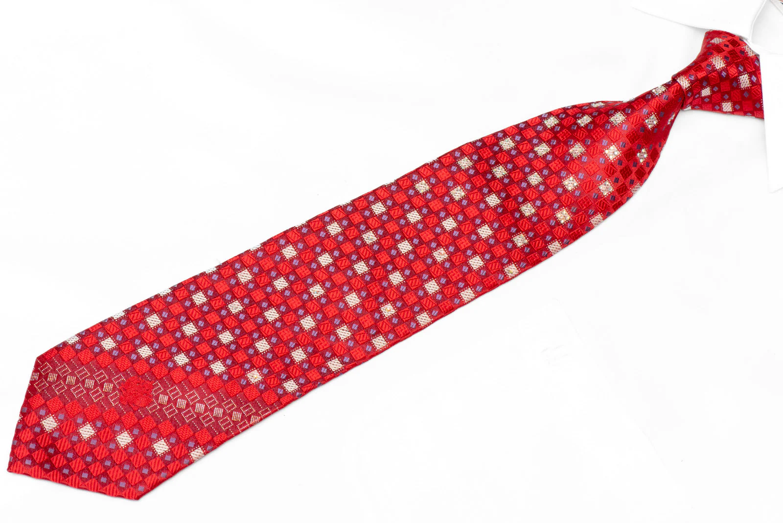 Red Silver Purple Checkered Rhinestone Silk Tie With Silver Sparkles - Image 2