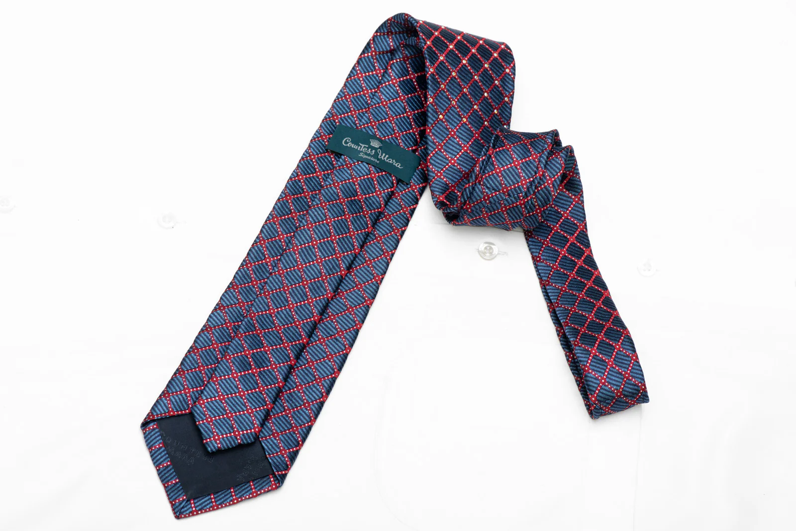 Red Trellis On Blue Rhinestone Silk Necktie With Silver Sparkles - Image 4