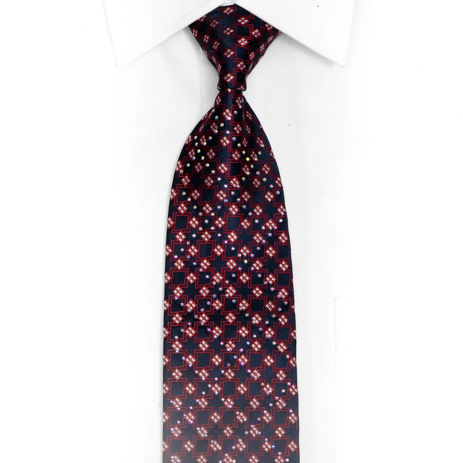 Red Trellis On Navy Rhinestone Necktie With Silver Sparkles
