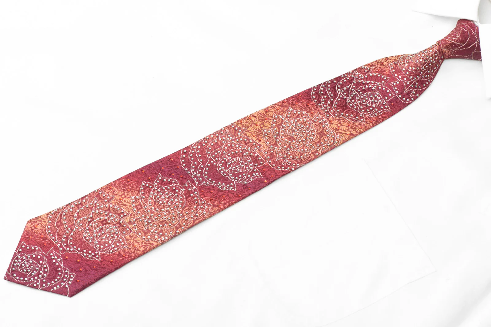 Roses On Violet Orange Rhinestone Silk Tie With Silver Sparkles - Image 3