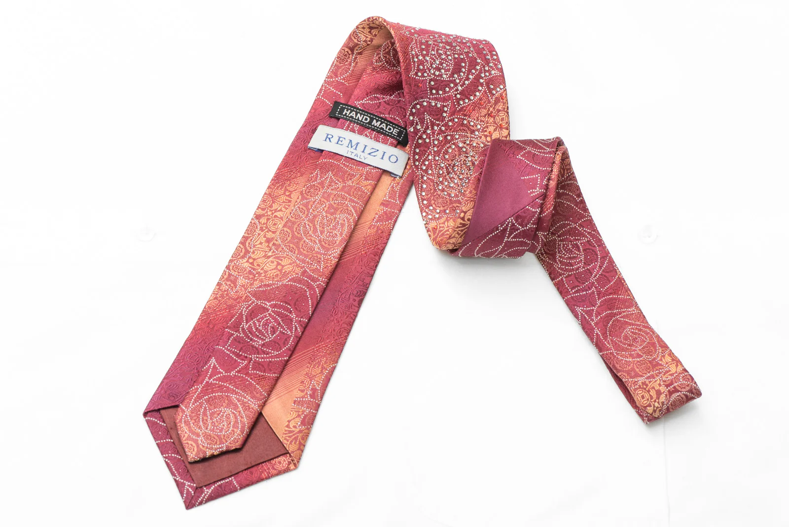 Roses On Violet Orange Rhinestone Silk Tie With Silver Sparkles - Image 5