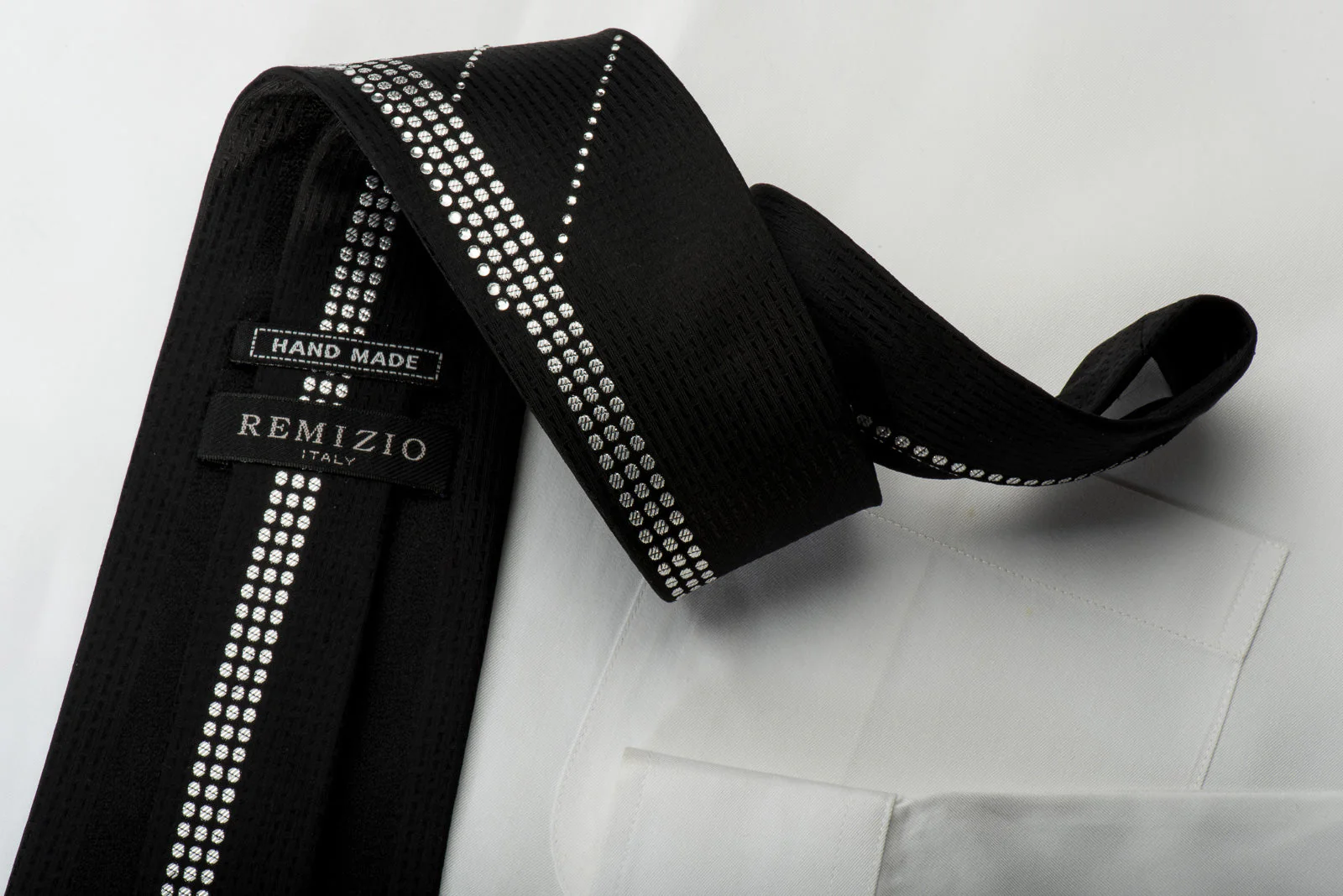 Remizio Black Rhinestone Silk Necktie Rhinestone Striped On Black With Silver Sparkles - Image 8