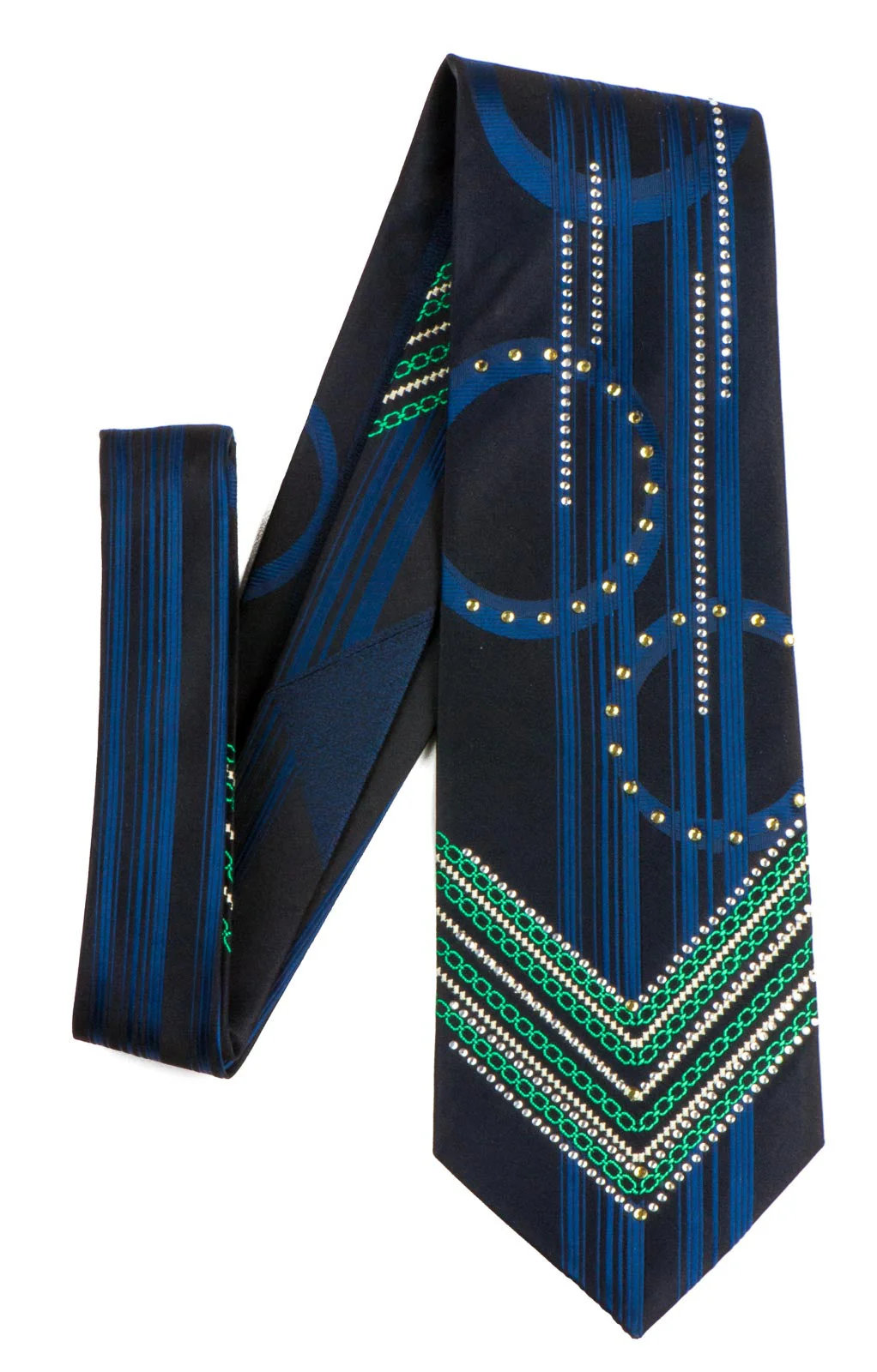Remizio Gorgeous Silk Rhinestone Tie Geometric Design With V Stripes Necktie - Image 5