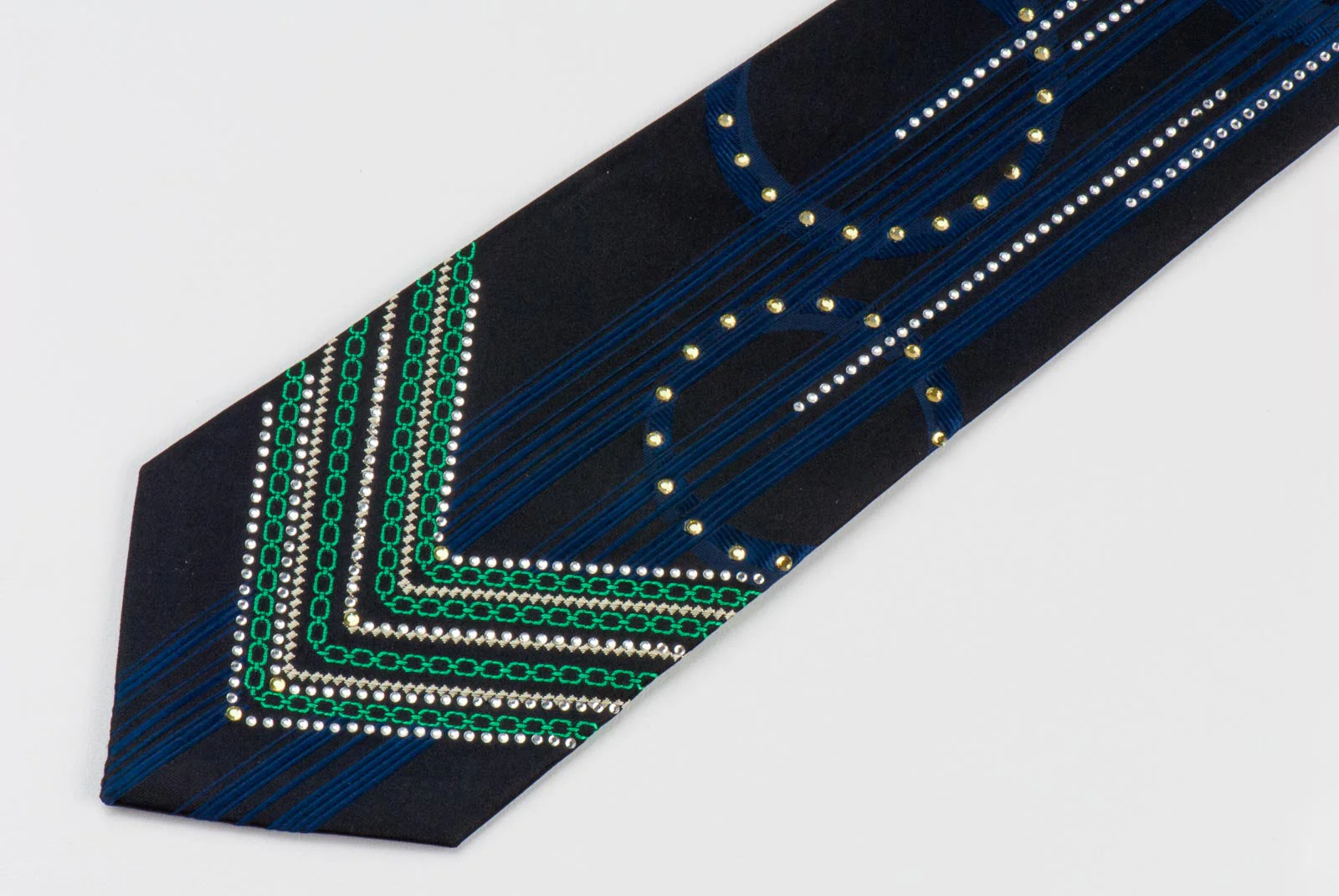 Remizio Gorgeous Silk Rhinestone Tie Geometric Design With V Stripes Necktie - Image 7