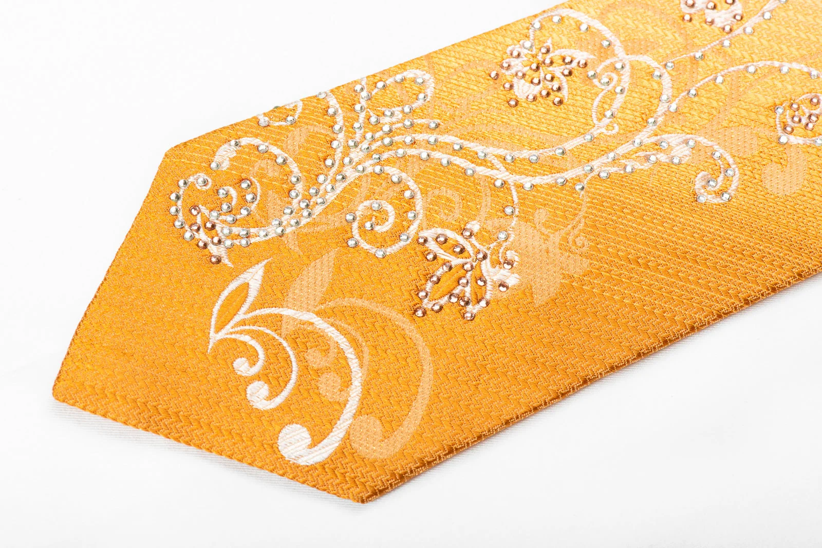 Remizio Men's Crystal Rhinestone Silk Necktie Scrolls On Peach Orange With Sparkles - Image 3