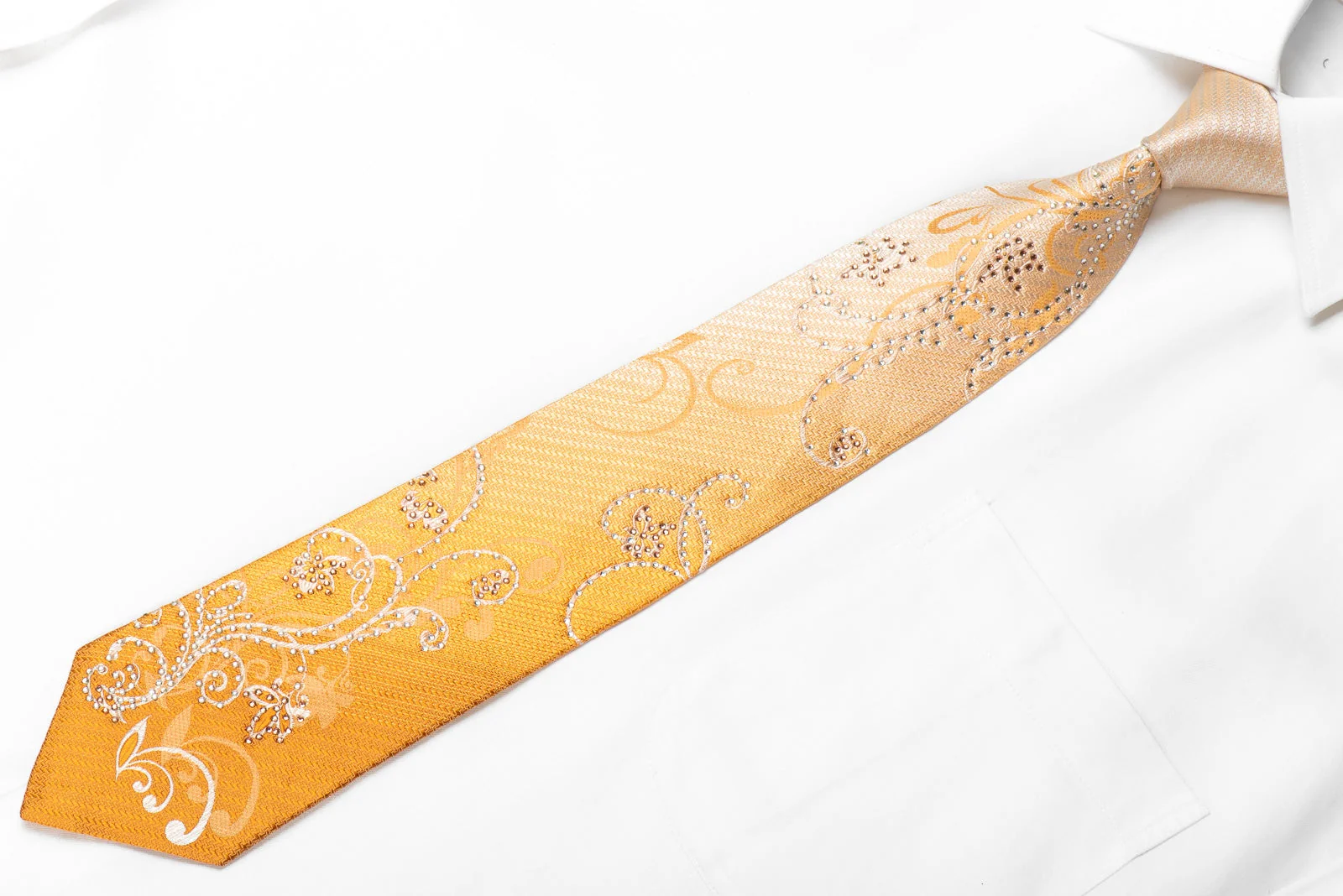 Remizio Men's Crystal Rhinestone Silk Necktie Scrolls On Peach Orange With Sparkles - Image 4
