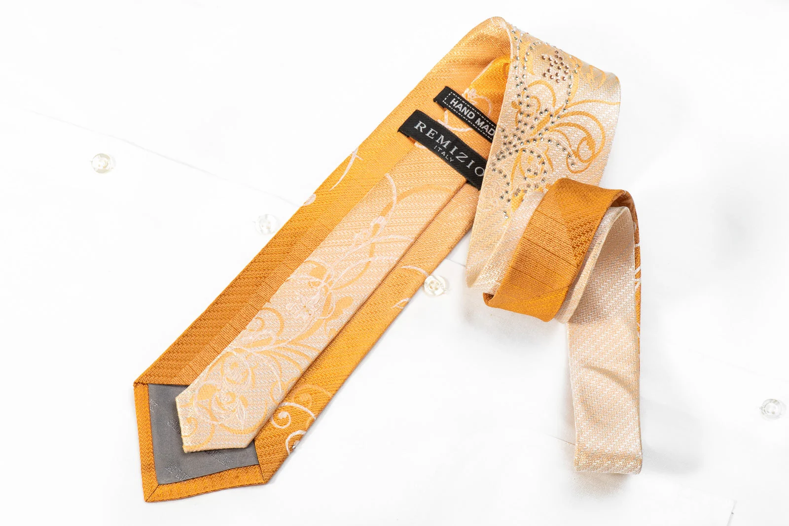 Remizio Men's Crystal Rhinestone Silk Necktie Scrolls On Peach Orange With Sparkles - Image 5