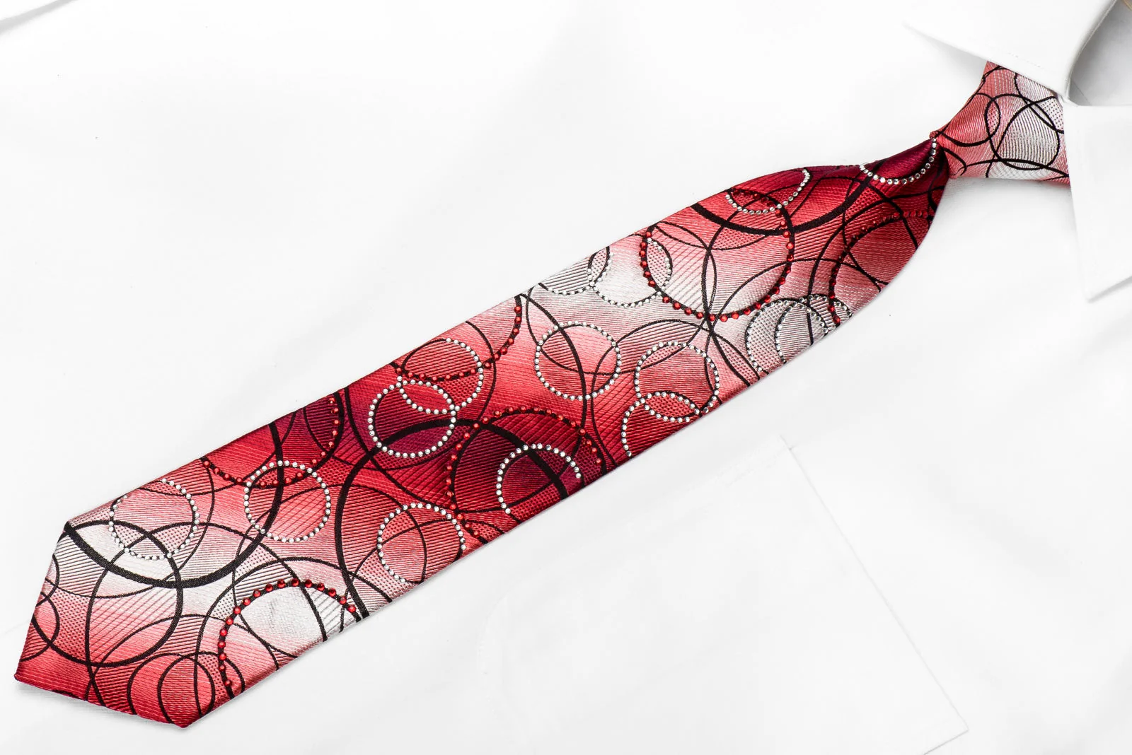 Remizio Men's Crystal Silk Necktie Black Circles On Red Silver Sparkling With Rhinestones - Image 5