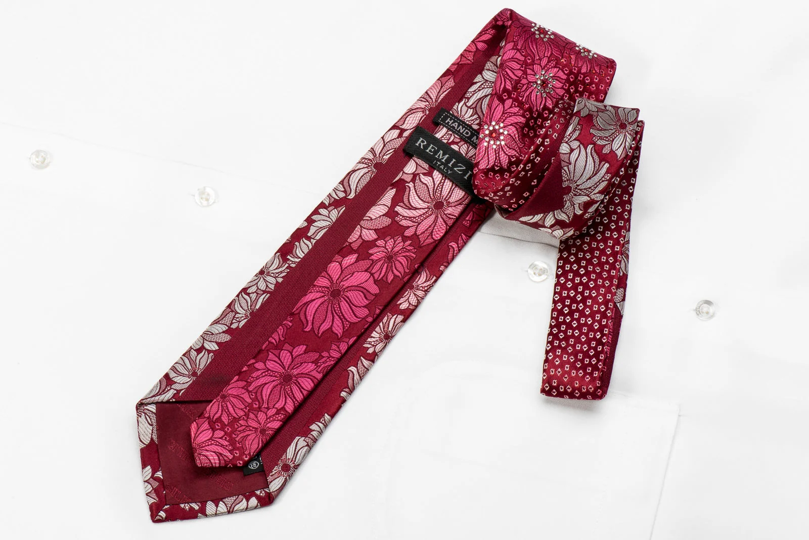 Remizio Men's Crystal Silk Necktie Floral On Red With Sparkles - Image 3