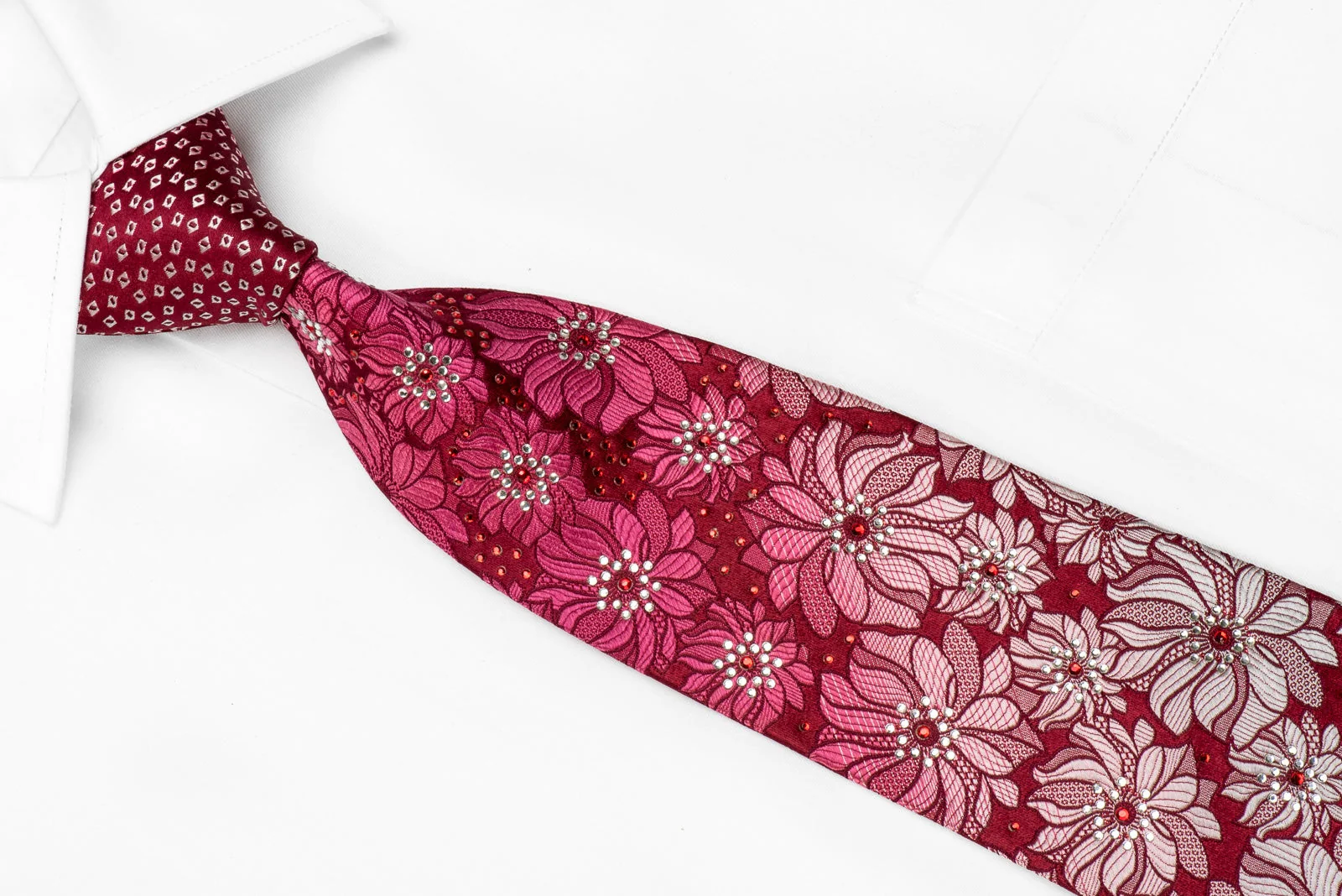 Remizio Men's Crystal Silk Necktie Floral On Red With Sparkles - Image 4