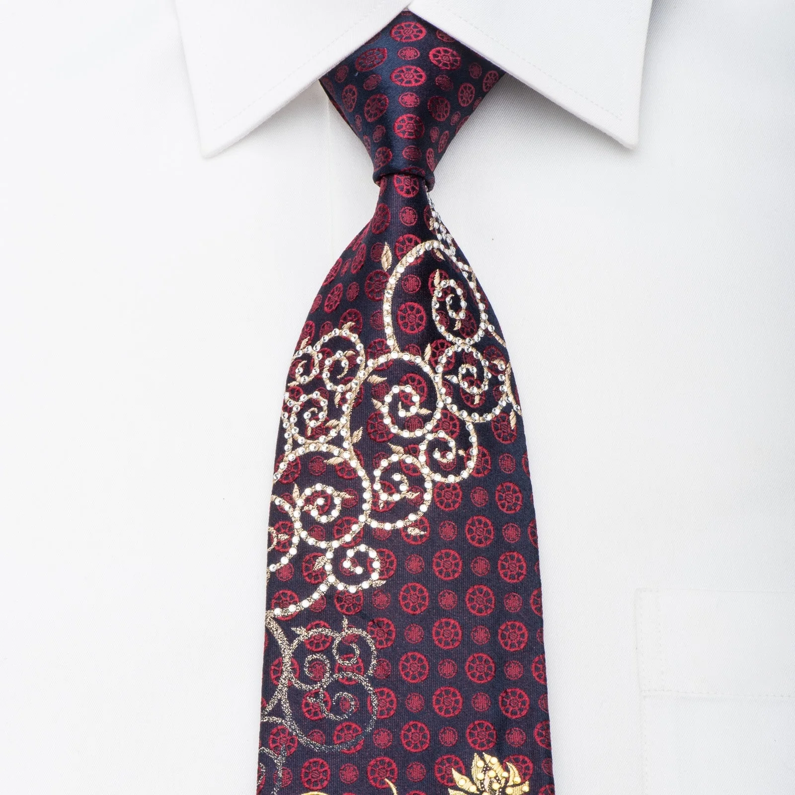 Remizio Men's Rhinestone Necktie Silver Scrolls & Gold Floral On Navy Silk