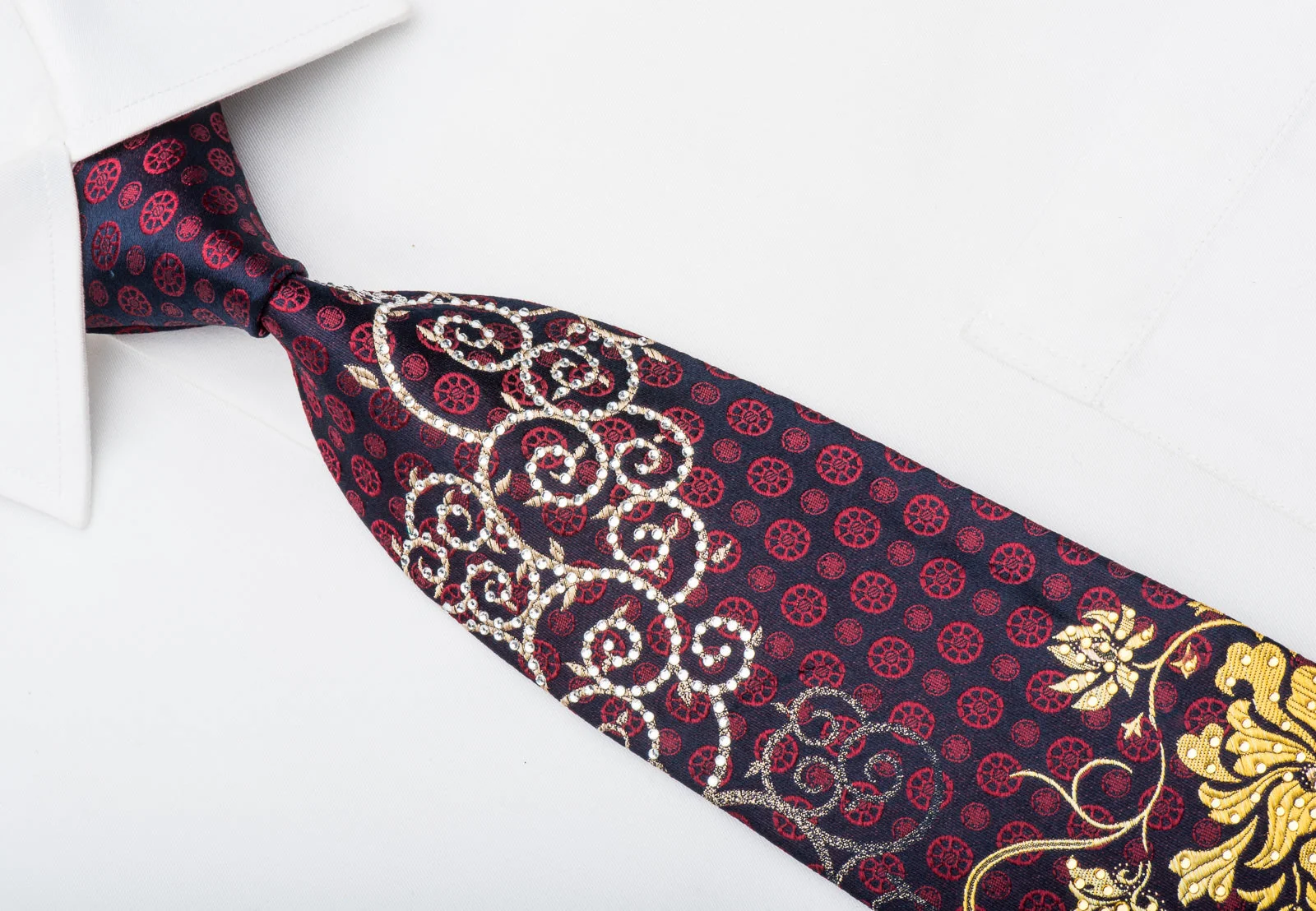 Remizio Men's Rhinestone Necktie Silver Scrolls & Gold Floral On Navy Silk - Image 2
