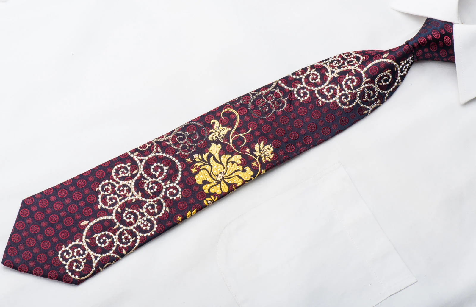 Remizio Men's Rhinestone Necktie Silver Scrolls & Gold Floral On Navy Silk - Image 3